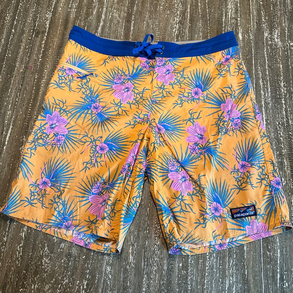 Patagonia Floral Print Board Shorts Swim Trunks Orange Blue Men’s Size 34